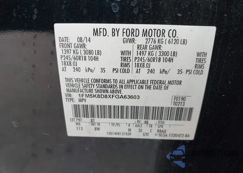 2015 Ford Explorer Xlt z USA, uszkodzony, nr VIN 1FM5K8D8XFGA63603